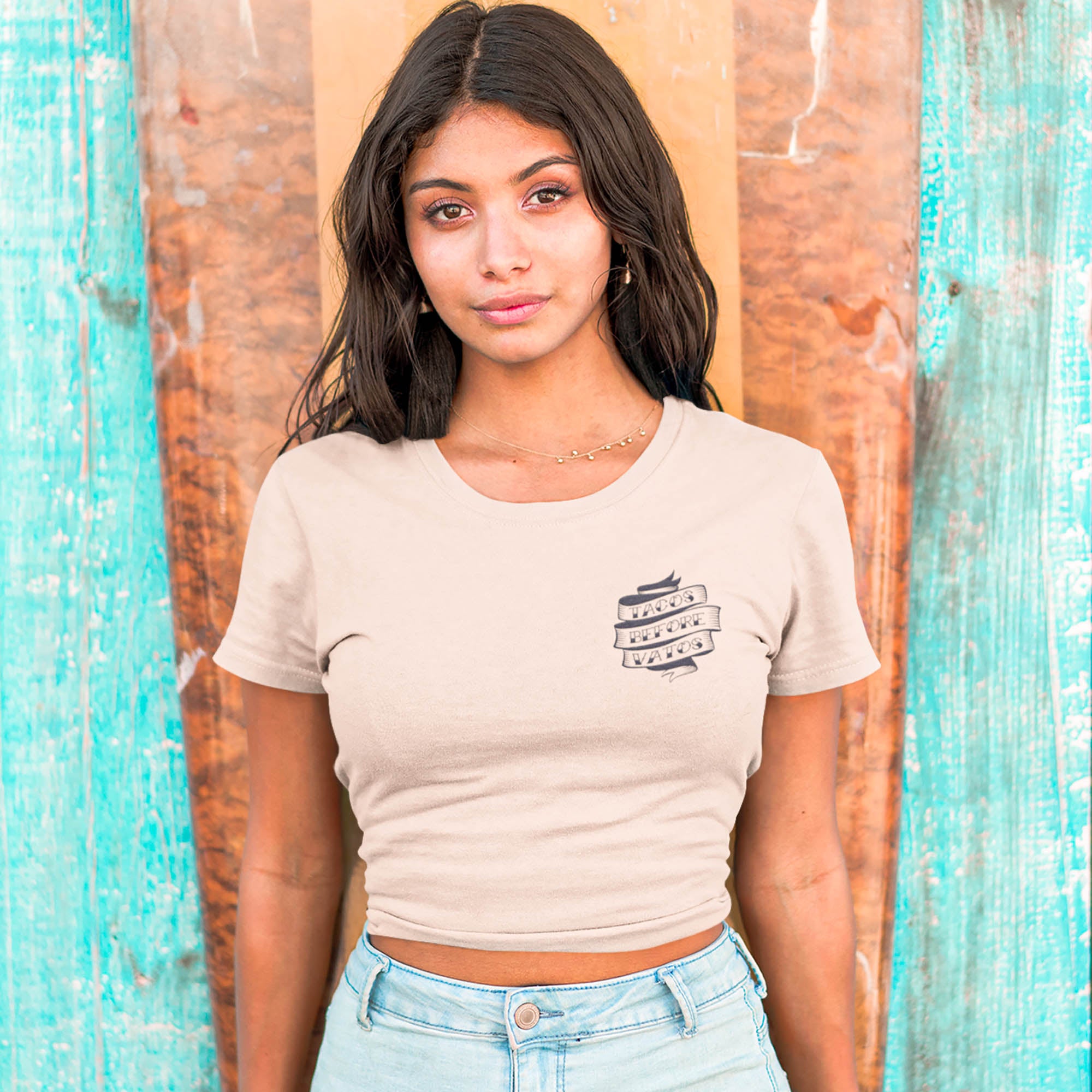Tacos Before Vatos Embroidered Crop Tee